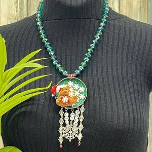 ⭐️Adorned Crown Jewelry assemblage Christmas let it snow teddy bear necklace